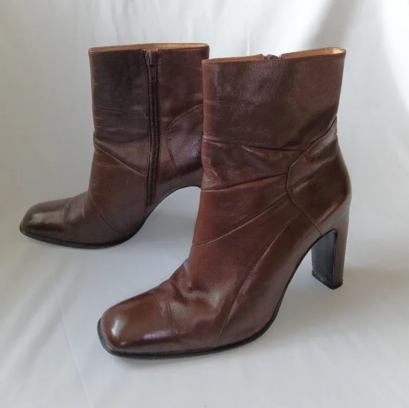 3.5" Heels Brown Real-Leather Ankle Zipper Boots - Picture 1 of 16